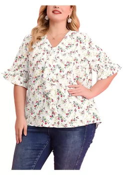 Agnes Orinda Women's Plus Size Ruffle Blouse V Neck Smocked Sleeves Tops Mothers Day Gifts -Agnes Orinda Store Belk 734