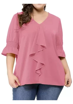 Agnes Orinda Women's Plus Size Ruffle Blouse V Neck Smocked Sleeves Tops Mothers Day Gifts -Agnes Orinda Store Belk 736