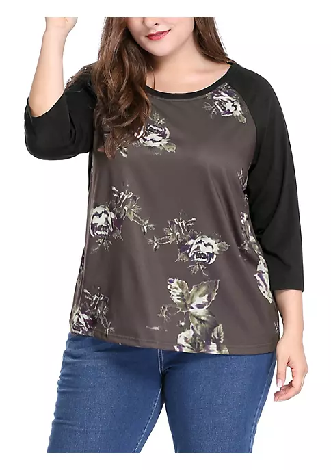 Agnes Orinda Women's Plus Size Tee Shirt Floral Print 3/4 Sleeve Tunic Top Raglan Round Neck Tops 4 Agnes Orinda Women's Plus Size Tee Shirt Floral Print 3/4 Sleeve Tunic Top Raglan Round Neck Tops - Image 2