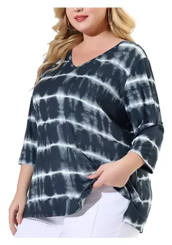 Agnes Orinda Plus Size Blouses for Women 3/4 Sleeve Striped Side Slit Tie Dye Top -Agnes Orinda Store Belk 764
