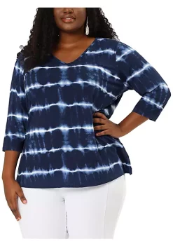 Agnes Orinda Plus Size Blouses for Women 3/4 Sleeve Striped Side Slit Tie Dye Top -Agnes Orinda Store Belk 765