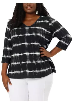 Agnes Orinda Plus Size Blouses for Women 3/4 Sleeve Striped Side Slit Tie Dye Top -Agnes Orinda Store Belk 766