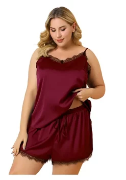 Agnes Orinda Women's Plus Size Cami Lace Panel Elastic Waist Shorts Sleepwear Pajamas Set
