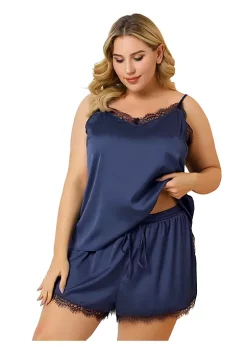 Agnes Orinda Women's Plus Size Cami Lace Panel Elastic Waist Shorts Sleepwear Pajamas Set -Agnes Orinda Store Belk 786