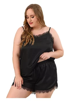 Agnes Orinda Women's Plus Size Cami Lace Panel Elastic Waist Shorts Sleepwear Pajamas Set -Agnes Orinda Store Belk 787