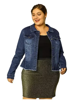Agnes Orinda Women's Plus Size Classic Washed Front Frayed Denim Jacket -Agnes Orinda Store Belk 871