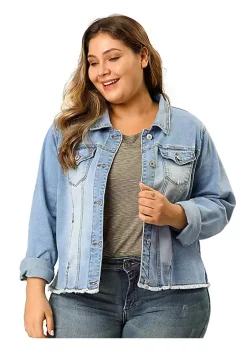 Agnes Orinda Women's Plus Size Classic Washed Front Frayed Denim Jacket -Agnes Orinda Store Belk 872