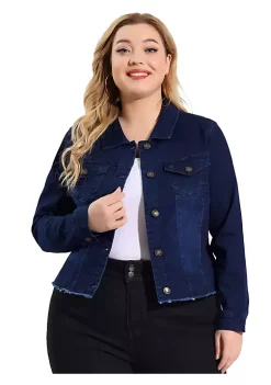 Agnes Orinda Women's Plus Size Classic Washed Front Frayed Denim Jacket -Agnes Orinda Store Belk 873