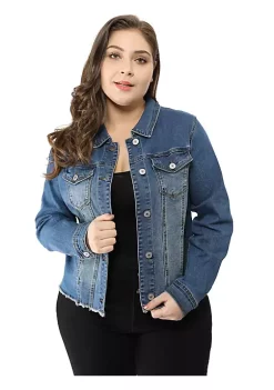 Agnes Orinda Women's Plus Size Classic Washed Front Frayed Denim Jacket -Agnes Orinda Store Belk 876