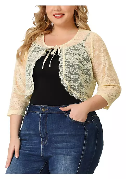 Agnes Orinda Shrug Top for Women's Plus Size Tie Front Floral Lace Office Sheer Crop Cardigan 16 Agnes Orinda Shrug Top for Women's Plus Size Tie Front Floral Lace Office Sheer Crop Cardigan - Image 14