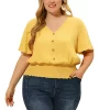 Agnes Orinda Plus Size Blouses for Women V Neck Button Up Short Sleeve Smocked Waist Tops -Agnes Orinda Store Belk 909