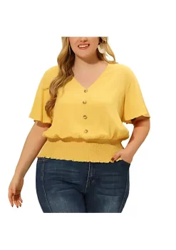 Agnes Orinda Plus Size Blouses for Women V Neck Button Up Short Sleeve Smocked Waist Tops