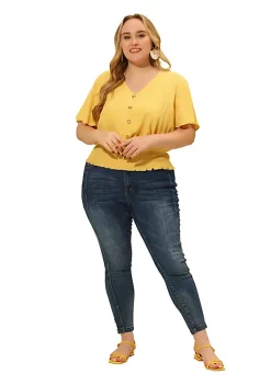 Agnes Orinda Plus Size Blouses for Women V Neck Button Up Short Sleeve Smocked Waist Tops -Agnes Orinda Store Belk 911
