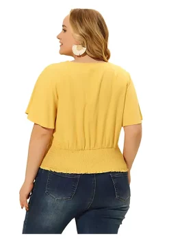 Agnes Orinda Plus Size Blouses for Women V Neck Button Up Short Sleeve Smocked Waist Tops -Agnes Orinda Store Belk 912