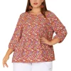 Agnes Orinda Plus Size Tops for Women, Chiffon Babydoll Keyhole 3/4 Sleeves Floral Top -Agnes Orinda Store Belk 926