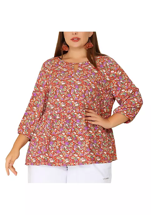 Agnes Orinda Plus Size Tops for Women, Chiffon Babydoll Keyhole 3/4 Sleeves Floral Top 3 Agnes Orinda Plus Size Tops for Women, Chiffon Babydoll Keyhole 3/4 Sleeves Floral Top