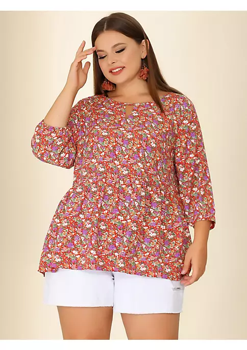 Agnes Orinda Plus Size Tops for Women, Chiffon Babydoll Keyhole 3/4 Sleeves Floral Top 5 Agnes Orinda Plus Size Tops for Women, Chiffon Babydoll Keyhole 3/4 Sleeves Floral Top - Image 3