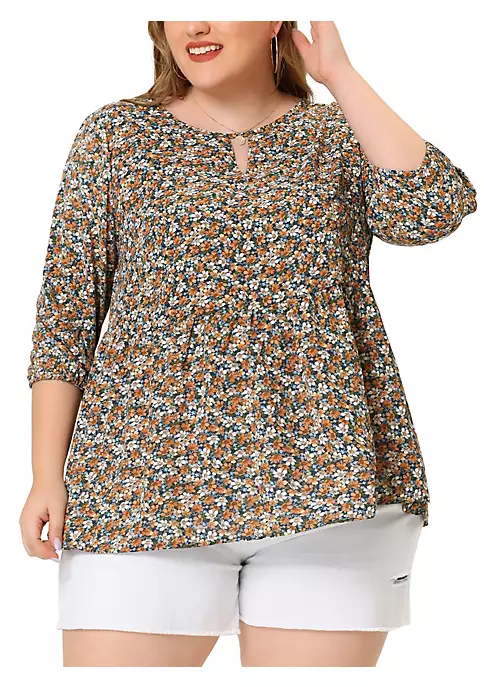 Agnes Orinda Plus Size Tops for Women, Chiffon Babydoll Keyhole 3/4 Sleeves Floral Top 8 Agnes Orinda Plus Size Tops for Women, Chiffon Babydoll Keyhole 3/4 Sleeves Floral Top - Image 6