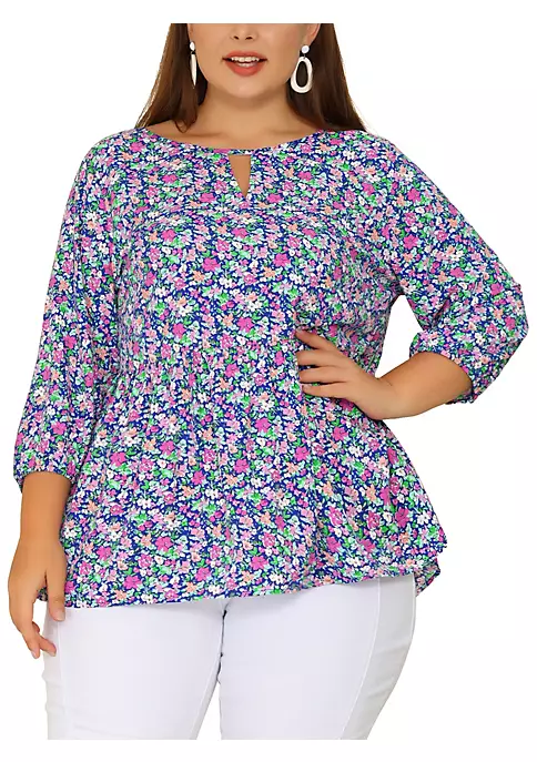 Agnes Orinda Plus Size Tops for Women, Chiffon Babydoll Keyhole 3/4 Sleeves Floral Top 10 Agnes Orinda Plus Size Tops for Women, Chiffon Babydoll Keyhole 3/4 Sleeves Floral Top - Image 8