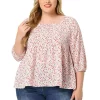 Agnes Orinda Plus Size Babydoll Blouses for Women 3/4 Sleeve Square Neck Floral Peplum Tops