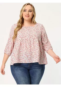 Agnes Orinda Plus Size Babydoll Blouses for Women 3/4 Sleeve Square Neck Floral Peplum Tops -Agnes Orinda Store Belk 946