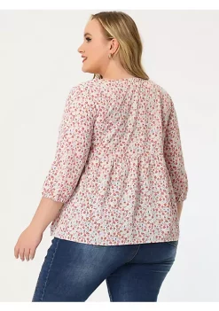 Agnes Orinda Plus Size Babydoll Blouses for Women 3/4 Sleeve Square Neck Floral Peplum Tops -Agnes Orinda Store Belk 947