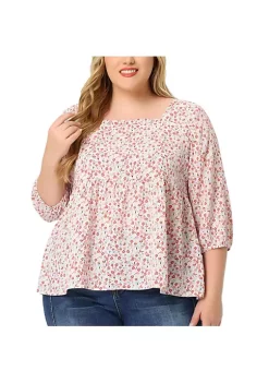 Agnes Orinda Plus Size Babydoll Blouses for Women 3/4 Sleeve Square Neck Floral Peplum Tops -Agnes Orinda Store Belk 949