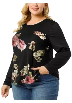 Agnes Orinda Women's Plus Size Mesh Tops, Elegant Floral Long Sleeve Blouse