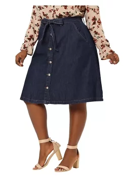 Agnes Orinda Plus Size Denim Skirt for Women Tie Waist Relaxed Fit Button Front a Line Jean Midi Skirts