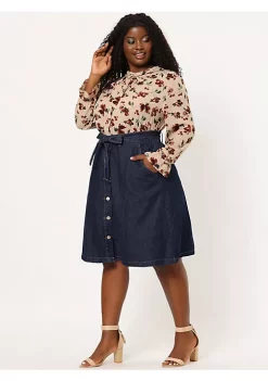 Agnes Orinda Plus Size Denim Skirt for Women Tie Waist Relaxed Fit Button Front a Line Jean Midi Skirts -Agnes Orinda Store Belk 985