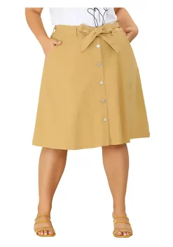 Agnes Orinda Plus Size Denim Skirt for Women Tie Waist Relaxed Fit Button Front a Line Jean Midi Skirts -Agnes Orinda Store Belk 988