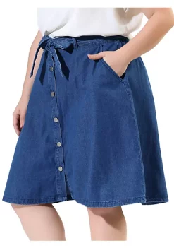 Agnes Orinda Plus Size Denim Skirt for Women Tie Waist Relaxed Fit Button Front a Line Jean Midi Skirts -Agnes Orinda Store Belk 989