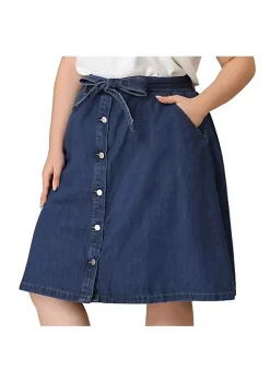 Agnes Orinda Plus Size Denim Skirt for Women Tie Waist Relaxed Fit Button Front a Line Jean Midi Skirts -Agnes Orinda Store Belk 991