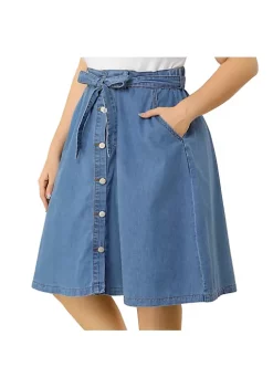 Agnes Orinda Plus Size Denim Skirt for Women Tie Waist Relaxed Fit Button Front a Line Jean Midi Skirts -Agnes Orinda Store Belk 992