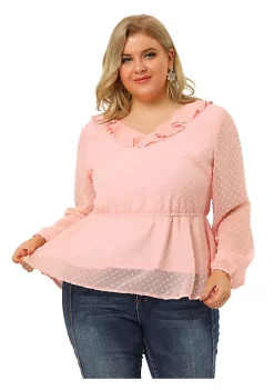 Agnes Orinda Women's Plus Size Peplum Tops, V Neck Ruffle Polka Dots Blouses