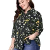 Agnes Orinda Women's Plus Size Casual Tops, Long Sleeve Button Down Floral Shirt