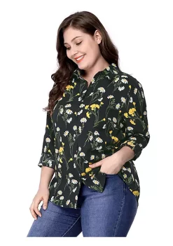 Agnes Orinda Women's Plus Size Casual Tops, Long Sleeve Button Down Floral Shirt